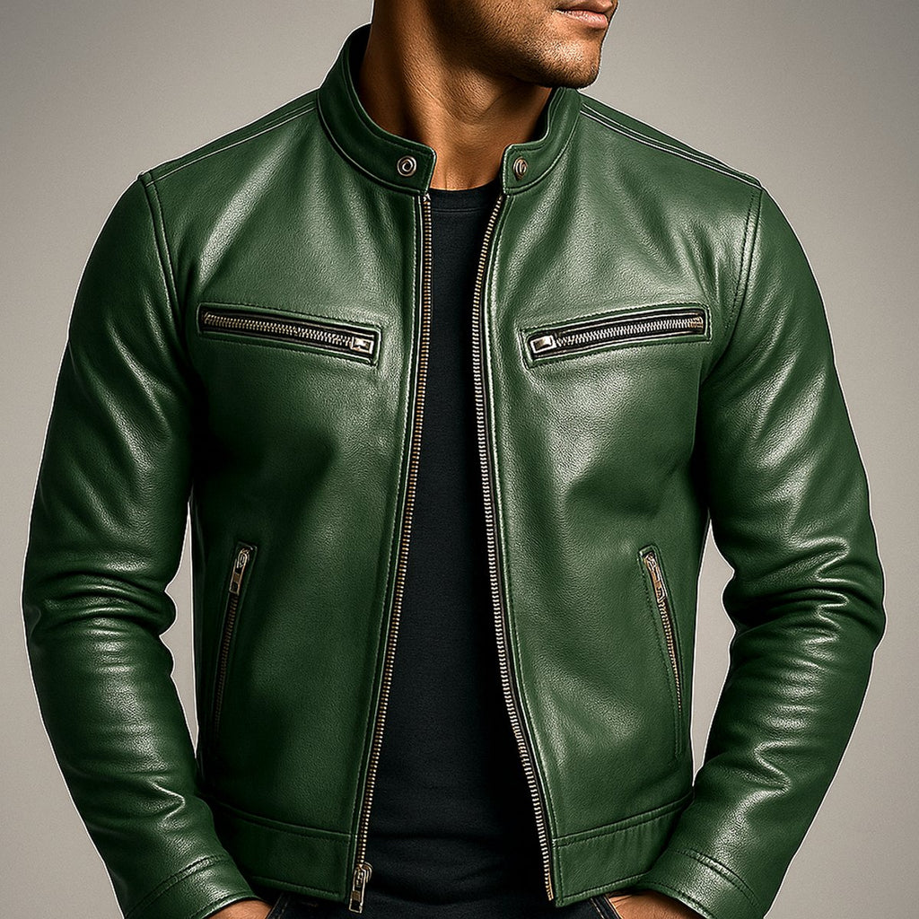 Mens Quilted Jacket Vintage Leather Biker Moto Zip-Up