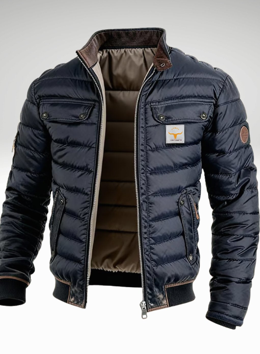 Men's Quilted Puffer Bomber Jacket Stand Collar Full-Zip - Navy Blue