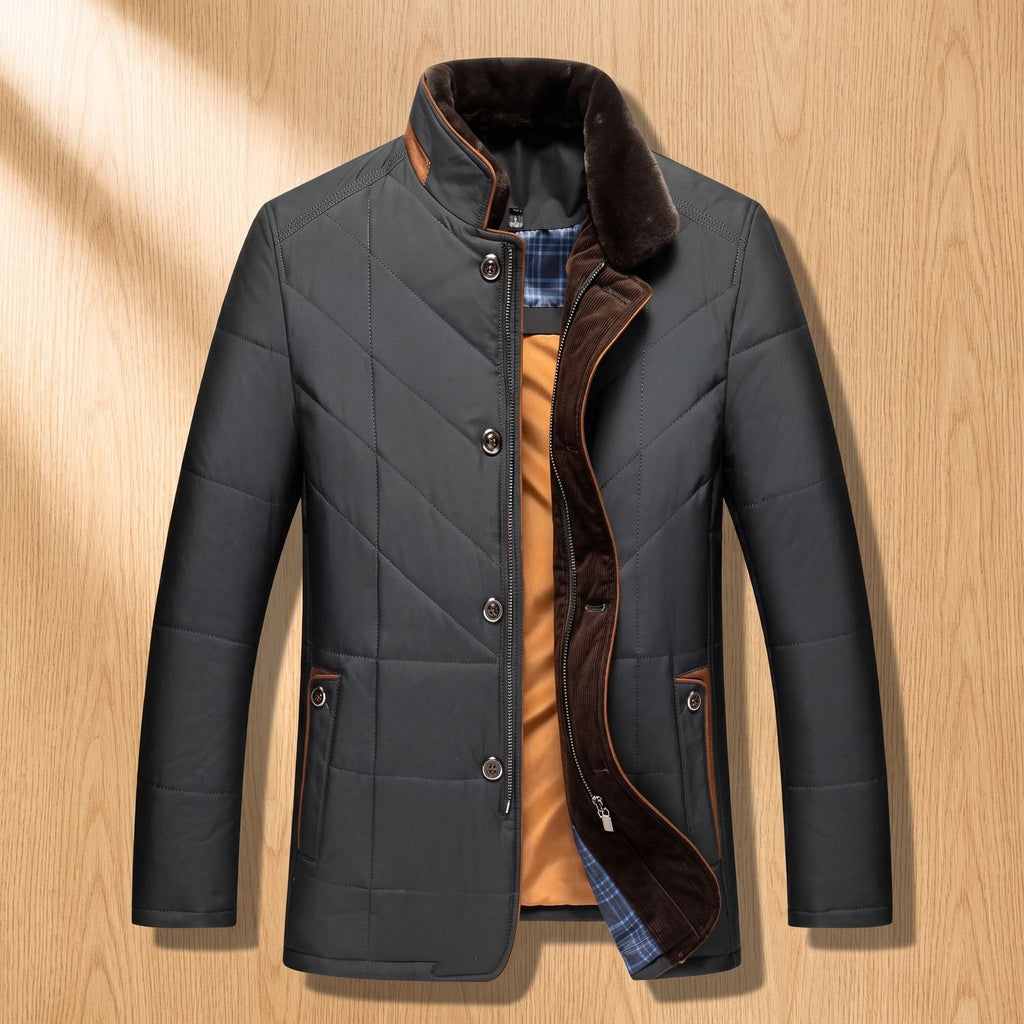 Men's Quilted Stand-Collar Fleece-Lined Winter Jacket - Black