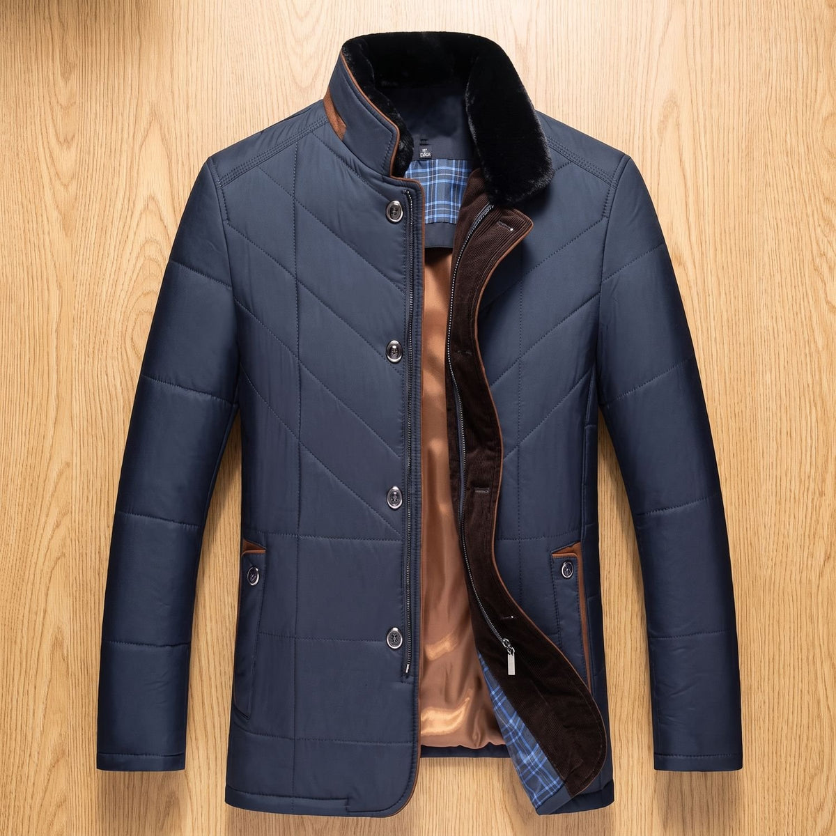 Men's Quilted Stand-Collar Fleece-Lined Winter Jacket - Blue