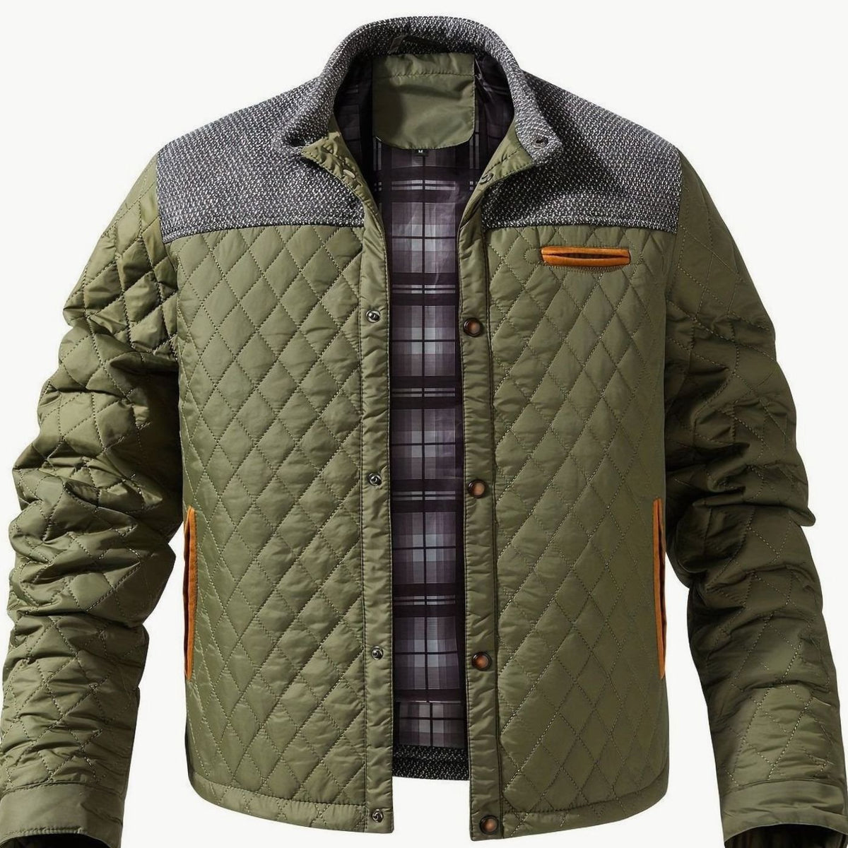 Men's Quilted Stand-Collar Two-Tone Snap-Front Jacket - Fern Green