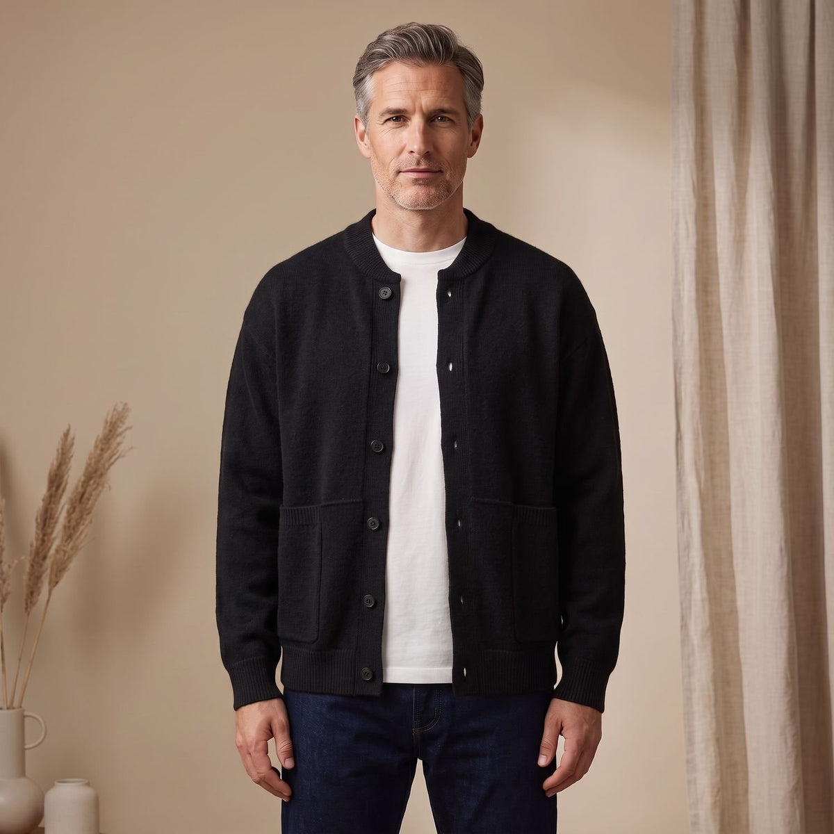 Men's Relaxed-Fit Button-Front Knit Cardigan Sweater - Black