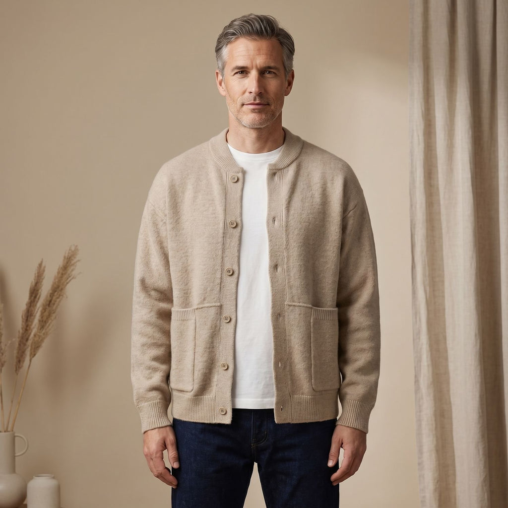 Men's Relaxed-Fit Button-Front Knit Cardigan Sweater - Beige