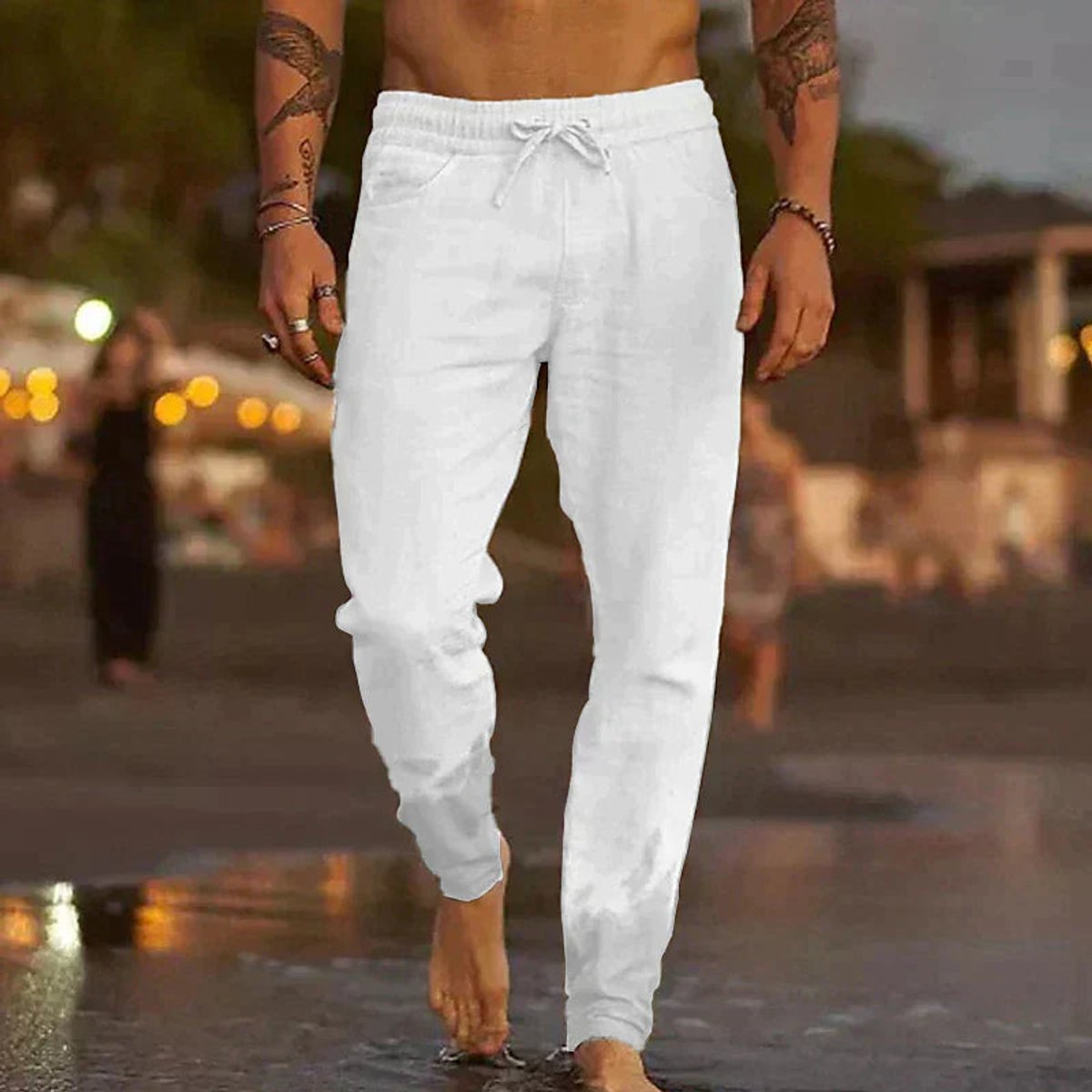 Men's Relaxed-Fit Drawstring Linen Summer Pants - White