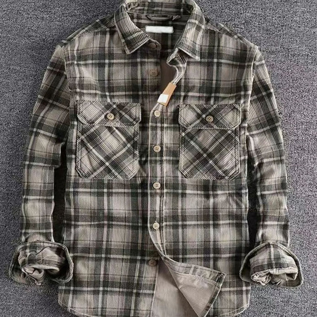 Men's Relaxed-Fit Long-Sleeve Plaid Flannel Shirt Dual Chest Pockets - Dark Gray
