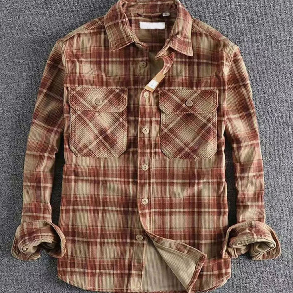 Men's Relaxed-Fit Long-Sleeve Plaid Flannel Shirt Dual Chest Pockets - Red