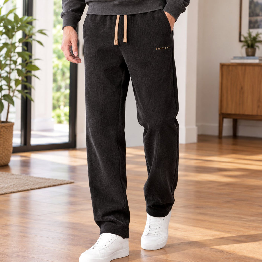 Men's Relaxed Straight-Leg Corduroy Drawstring Pants - Black