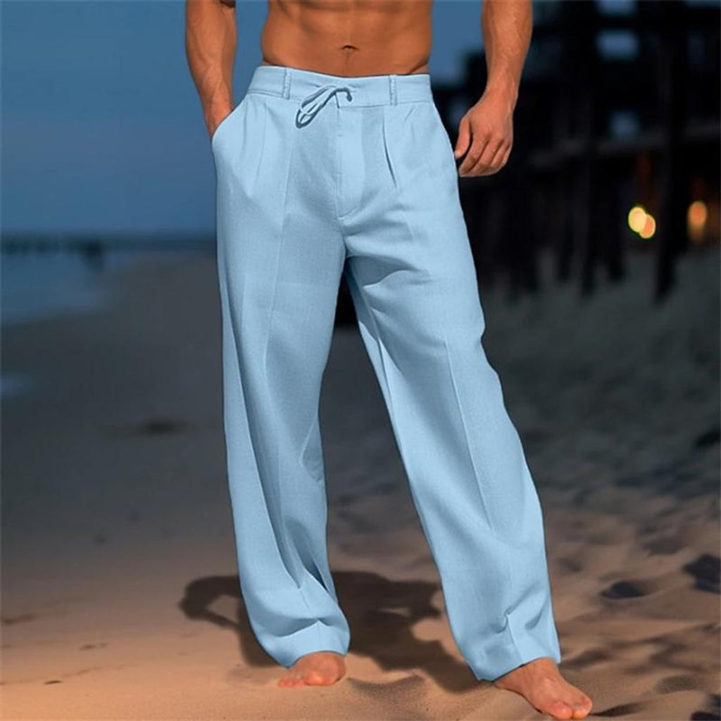 Men's Relaxed Wide-Leg Drawstring Linen Pants - Blue
