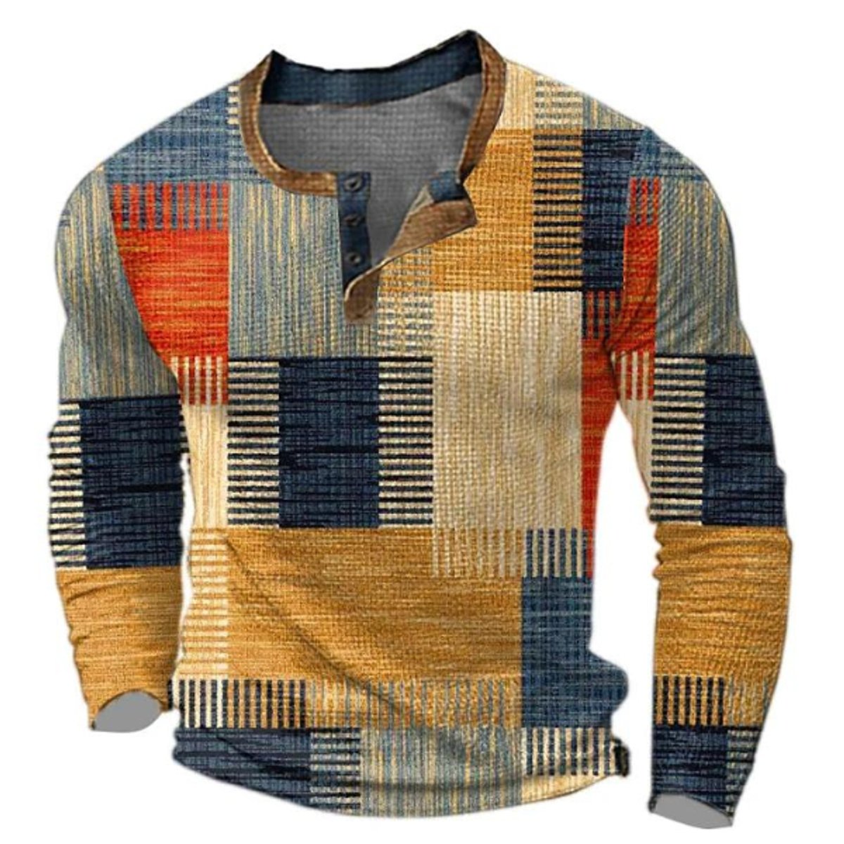 Men's Retro Colorblock Long Sleeve Henley Knit Sweater - Orange