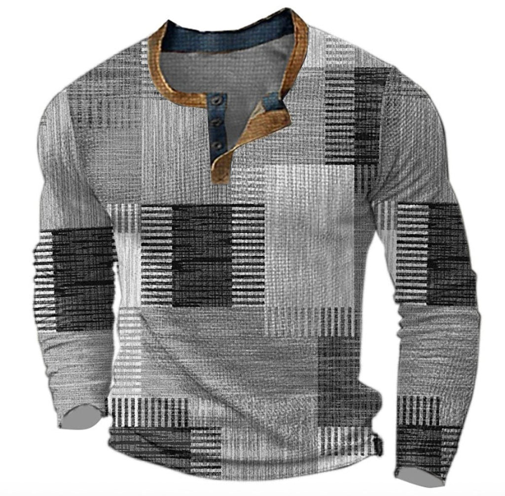 Men's Retro Colorblock Long Sleeve Henley Knit Sweater - Gray