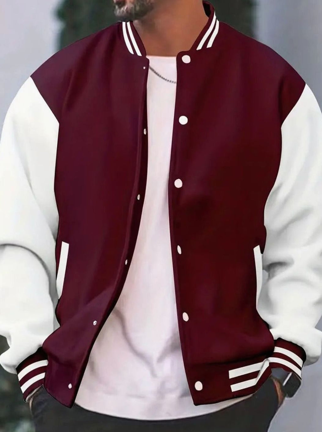 Men's Retro Colorblock Snap-Button Varsity Jacket - Burgundy