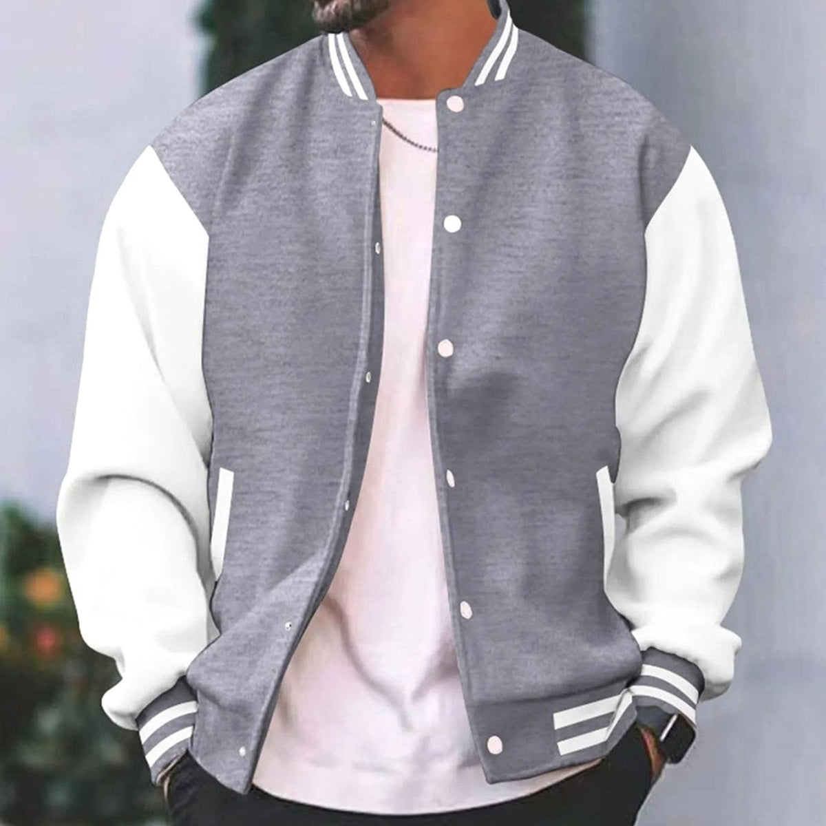 Men's Retro Colorblock Snap-Button Varsity Jacket - Gray