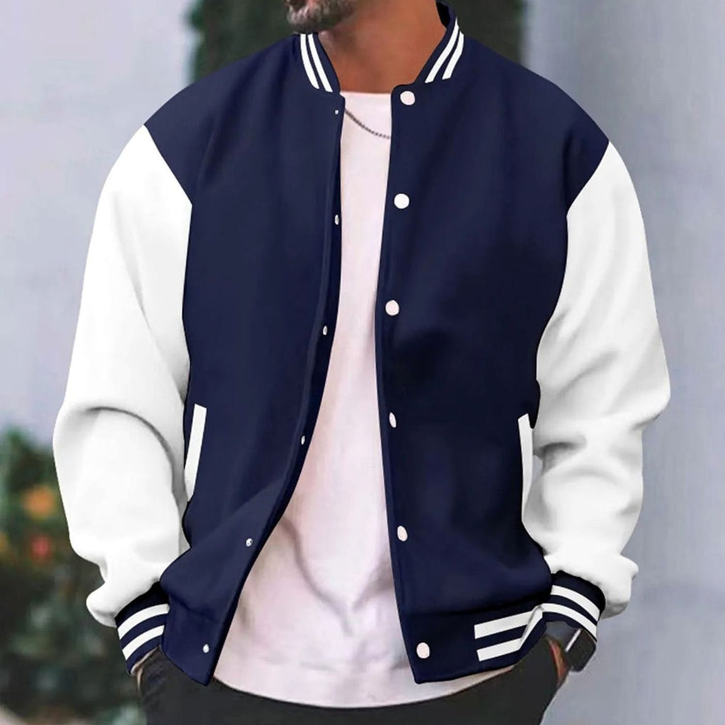 Men's Retro Colorblock Snap-Button Varsity Jacket - Navy Blue