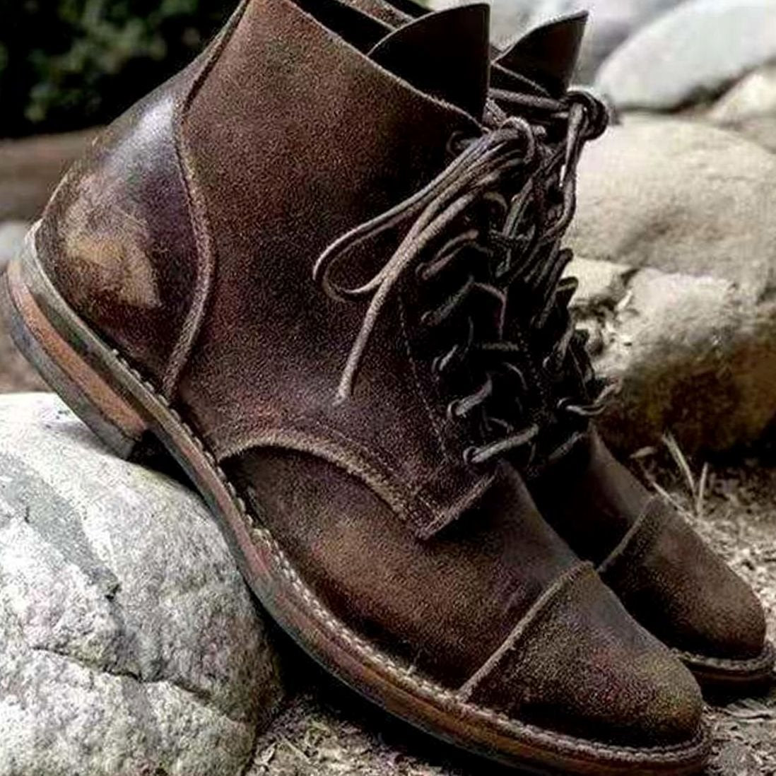 Men's Retro Leather Lace-Up Ankle Boots - Khaki