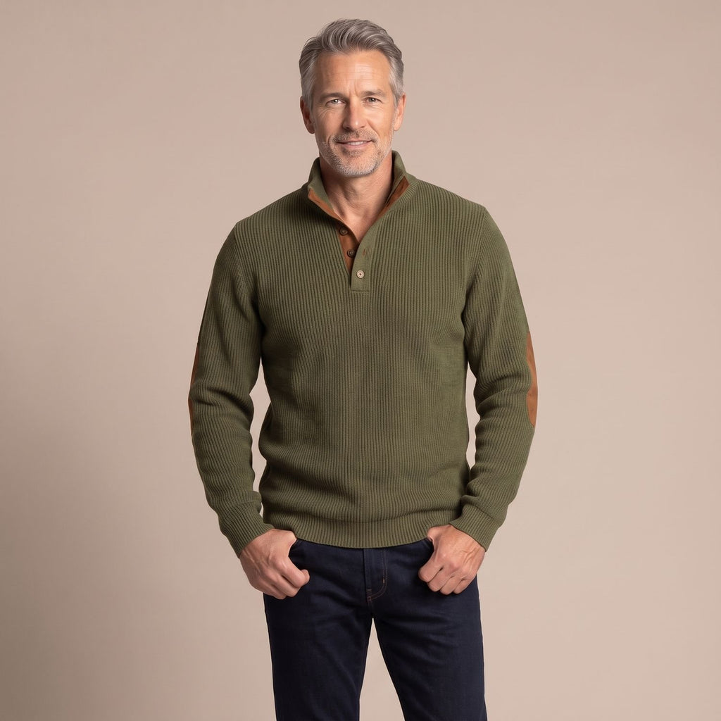 Men's Ribbed Henley Button-Neck Knit Sweater Elbow Patches - Green