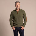 Men's Ribbed Henley Button-Neck Knit Sweater Elbow Patches - Green