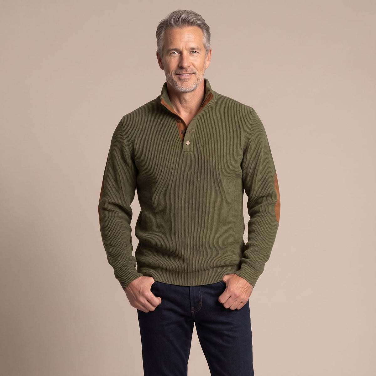 Men's Ribbed Henley Button-Neck Knit Sweater Elbow Patches - Green