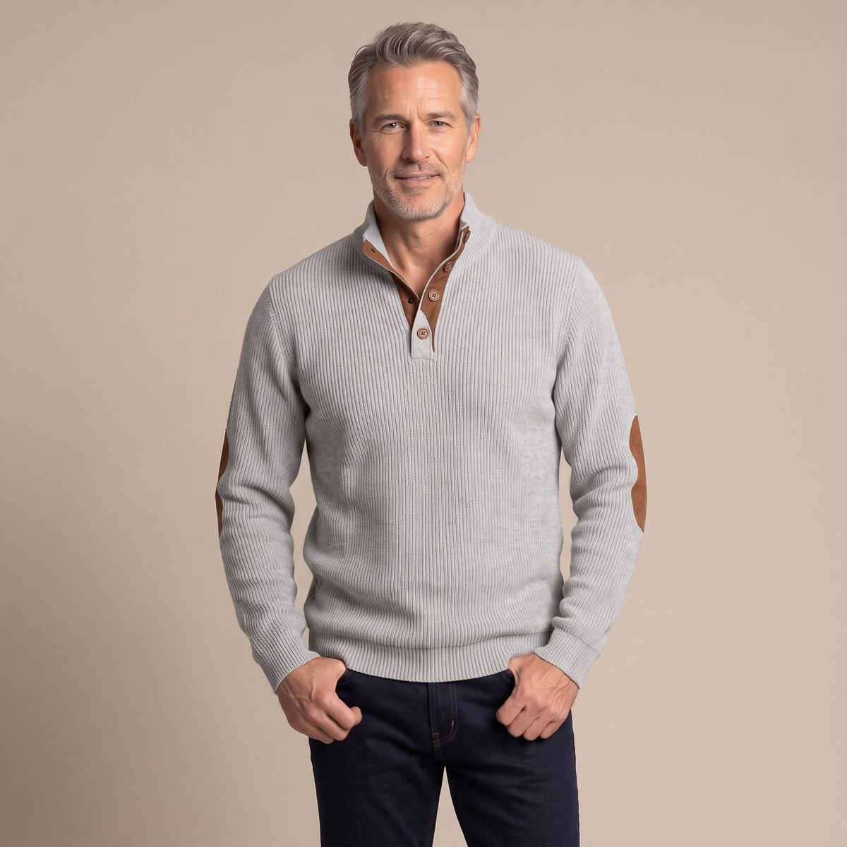 Men's Ribbed Henley Button-Neck Knit Sweater Elbow Patches - Gray