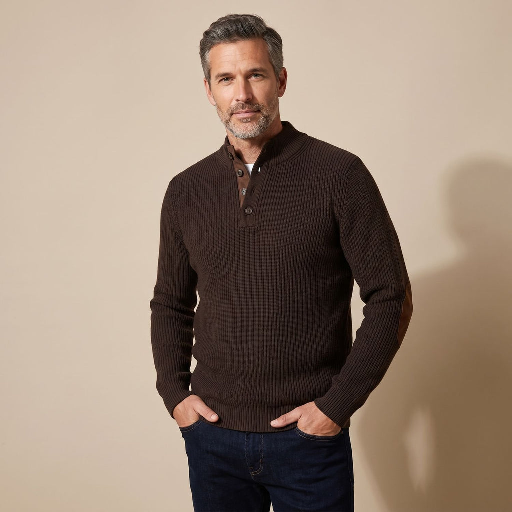 Men's Ribbed Henley Button-Neck Knit Sweater Elbow Patches - Brown