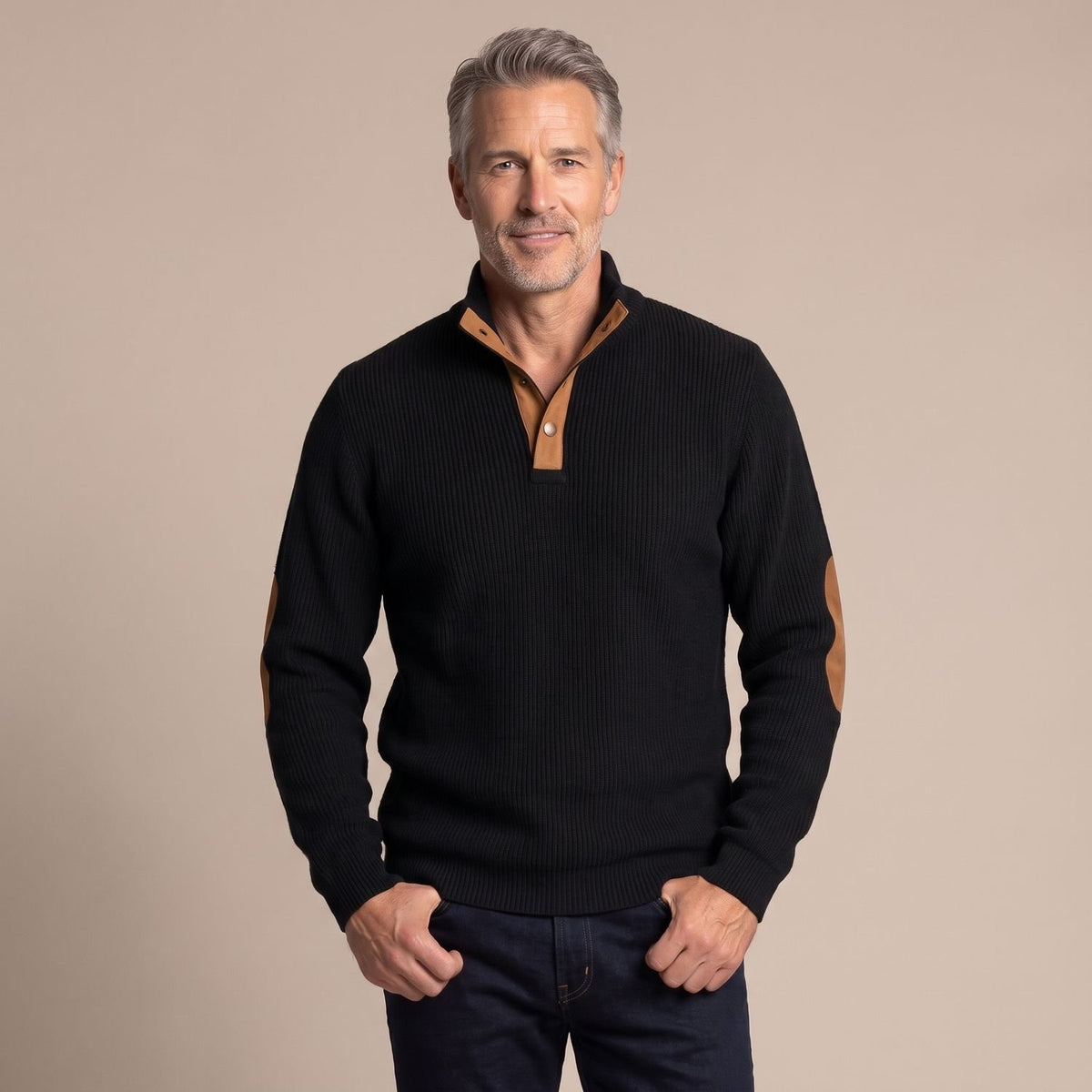 Men's Ribbed Henley Button-Neck Knit Sweater Elbow Patches - Black