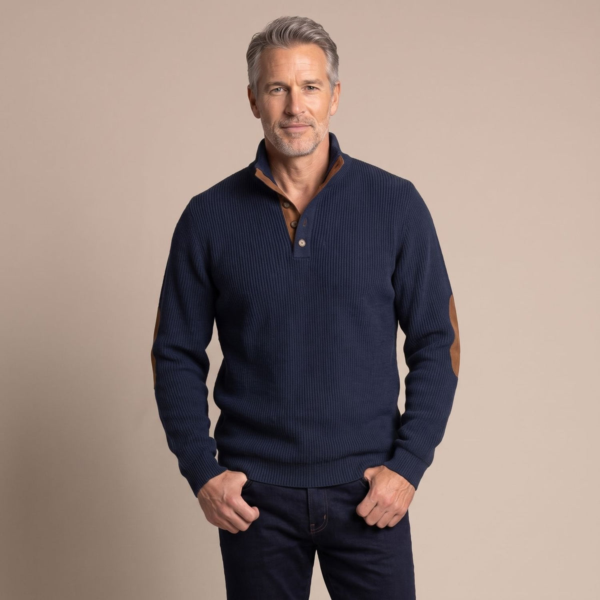 Men's Ribbed Henley Button-Neck Knit Sweater Elbow Patches - Blue