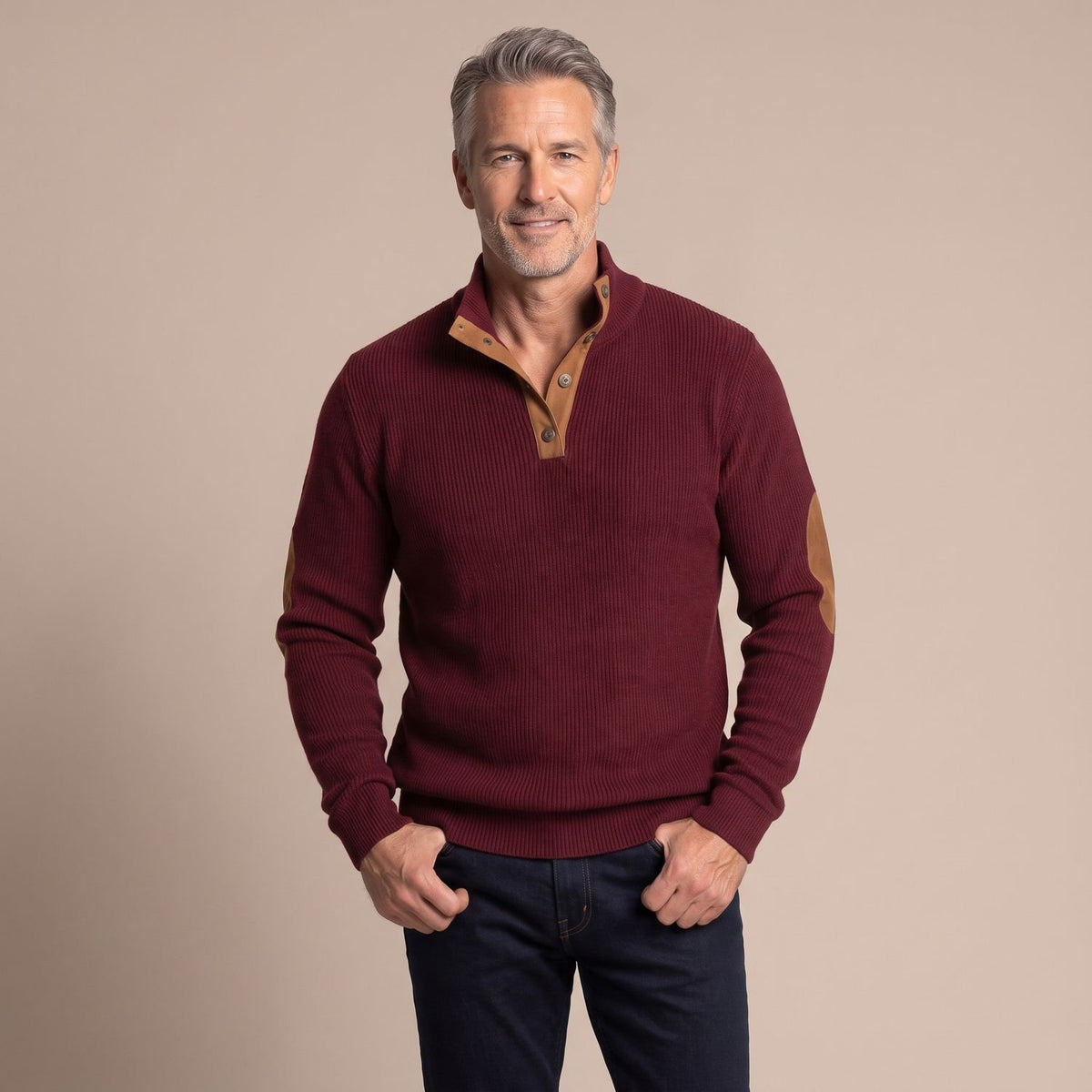 Men's Ribbed Henley Button-Neck Knit Sweater Elbow Patches - Red