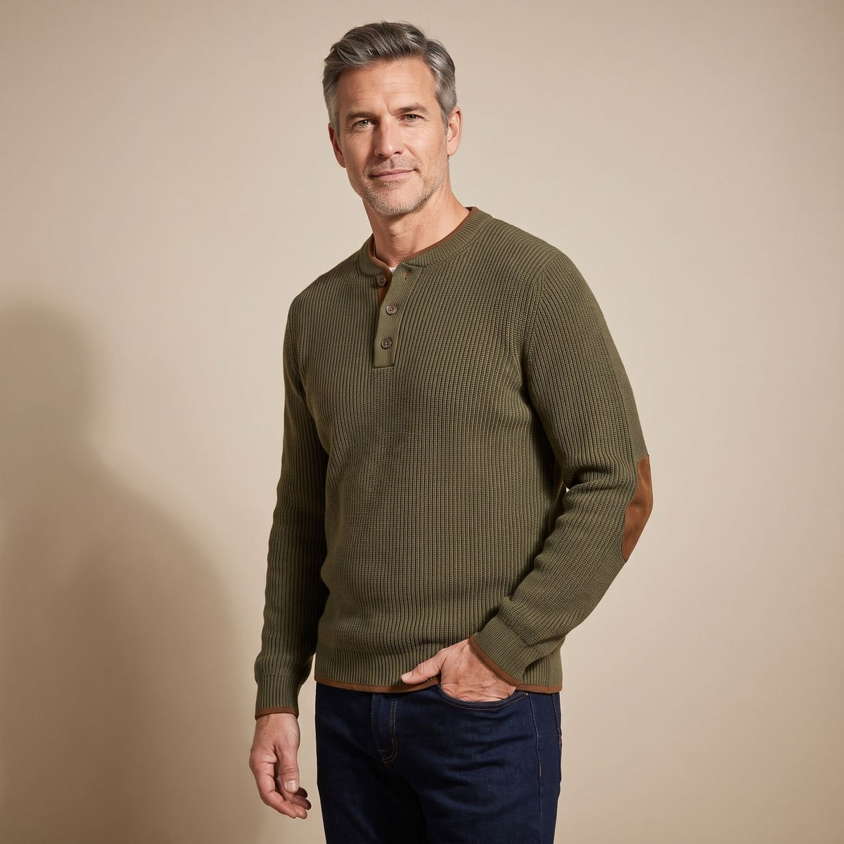 Men's Ribbed Henley Button-Neck Knit Sweater Elbow Patches