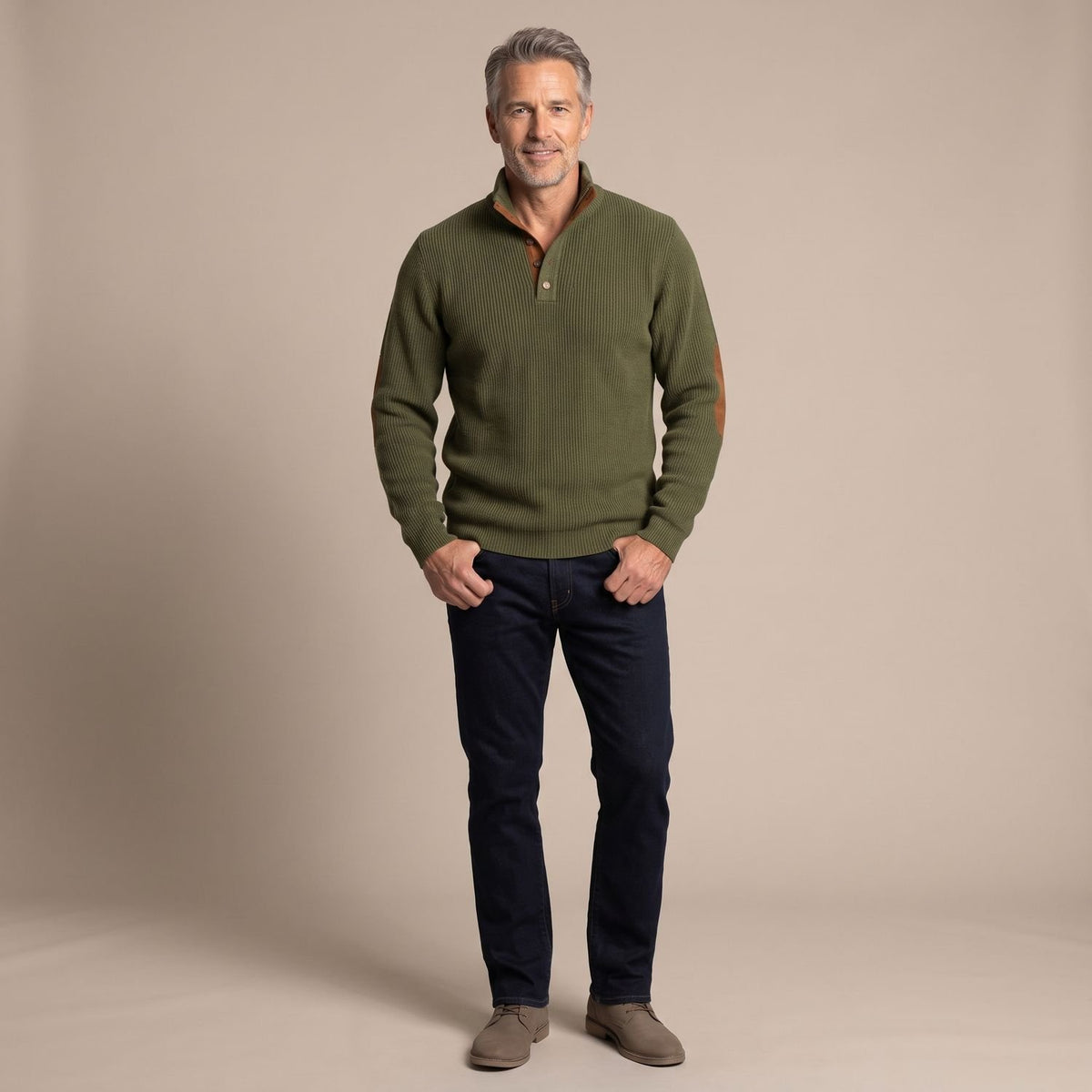 Men's Ribbed Henley Button-Neck Knit Sweater Elbow Patches