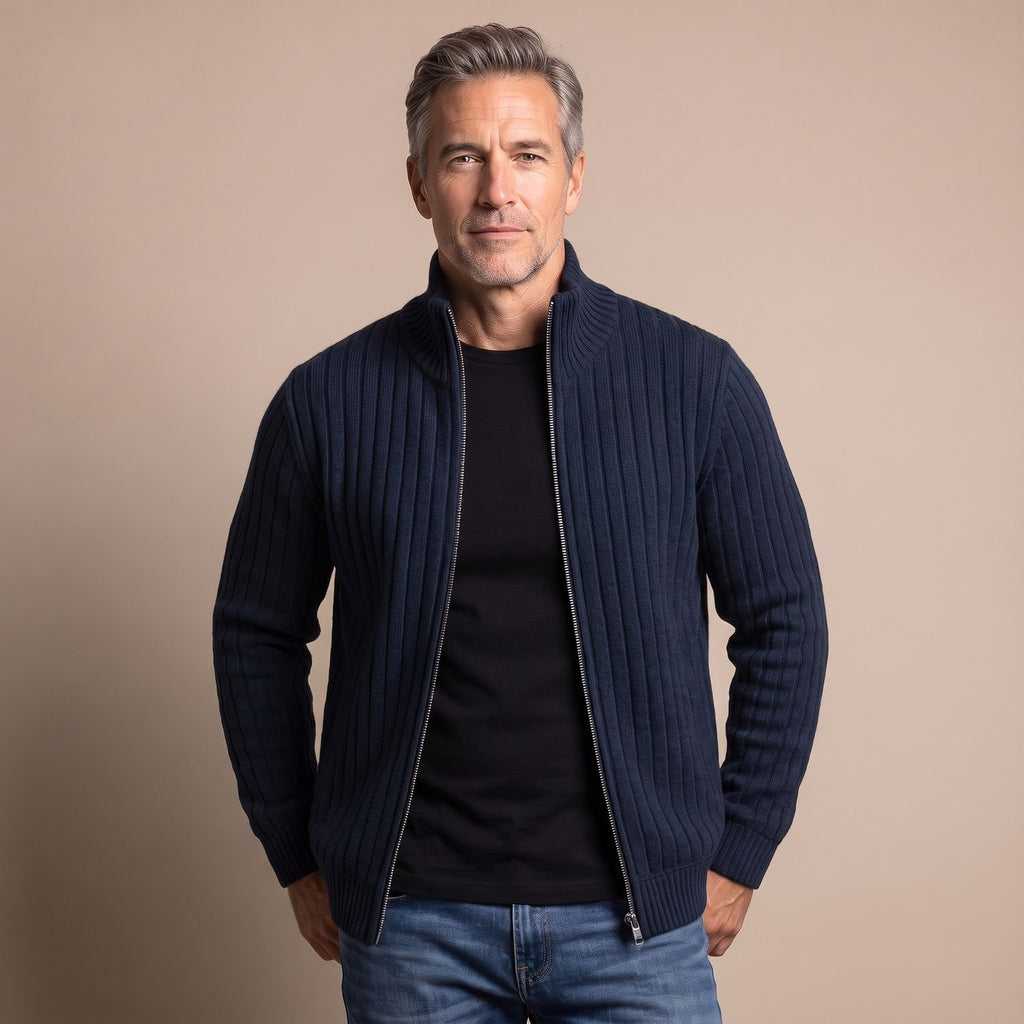 Men's Ribbed Knit Full-Zip Stand-Collar Cardigan Sweater - Navy Blue