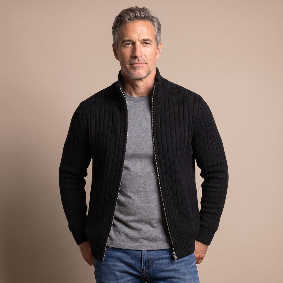 Men's Ribbed Knit Full-Zip Stand-Collar Cardigan Sweater - Black