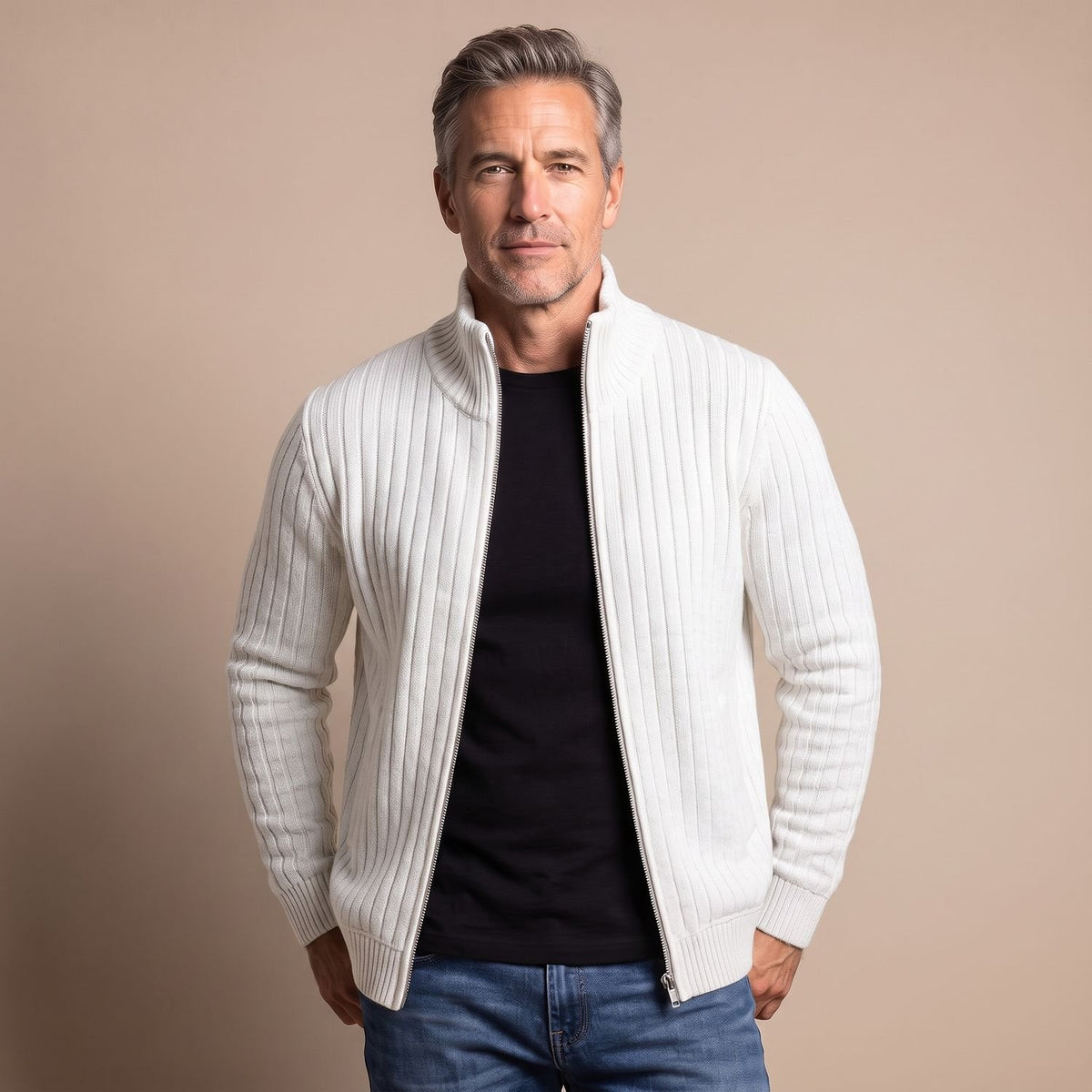 Men's Ribbed Knit Full-Zip Stand-Collar Cardigan Sweater - White