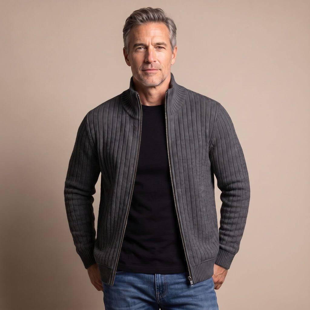 Men's Ribbed Knit Full-Zip Stand-Collar Cardigan Sweater - Dark Gray