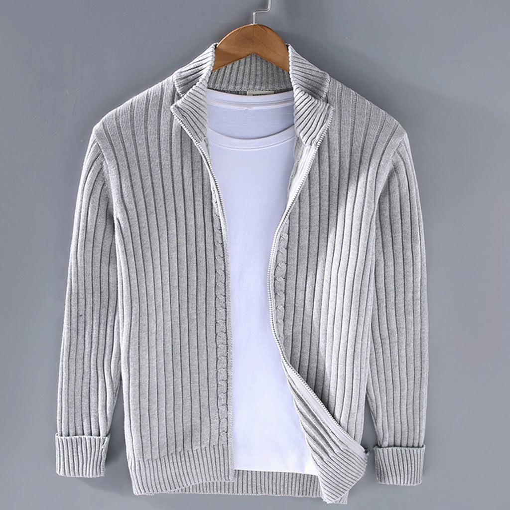 Men's Ribbed Knit Full-Zip Winter Cardigan Sweater - Grey