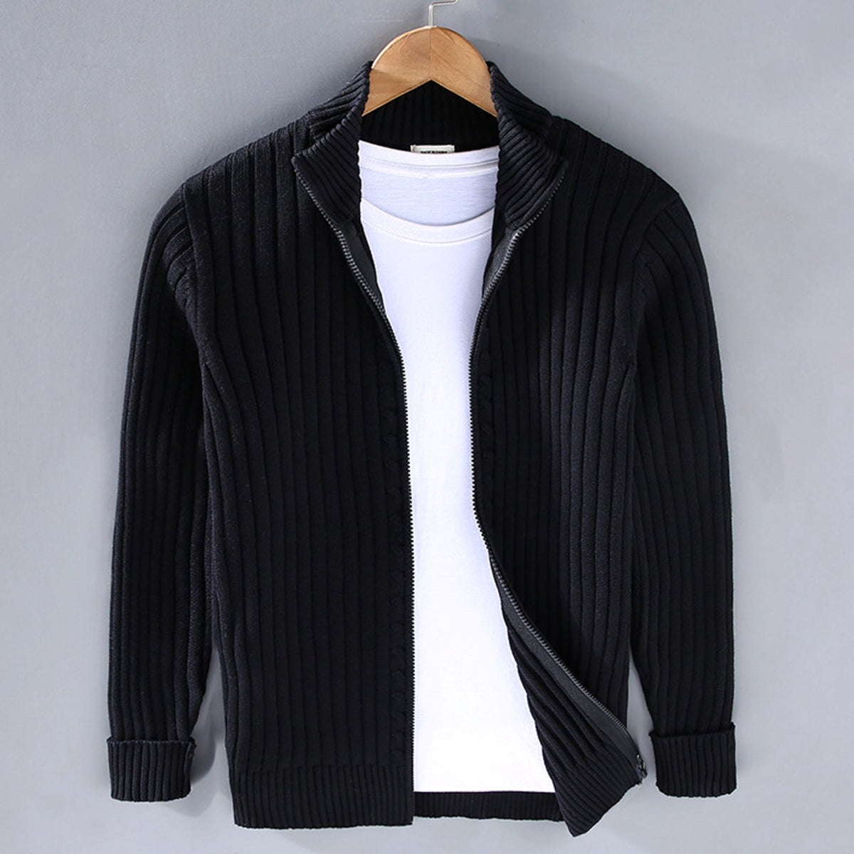 Men's Ribbed Knit Full-Zip Winter Cardigan Sweater - Black