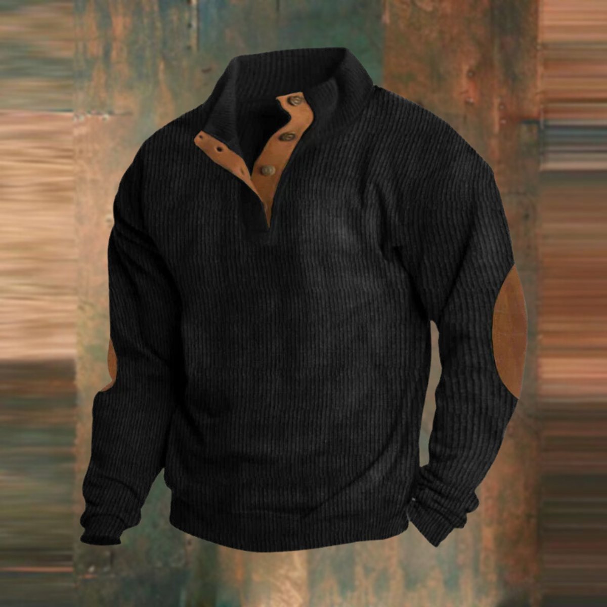 Men's Ribbed Knit Sweater Quarter-Snap Collar Elbow Patch Pullover - Black