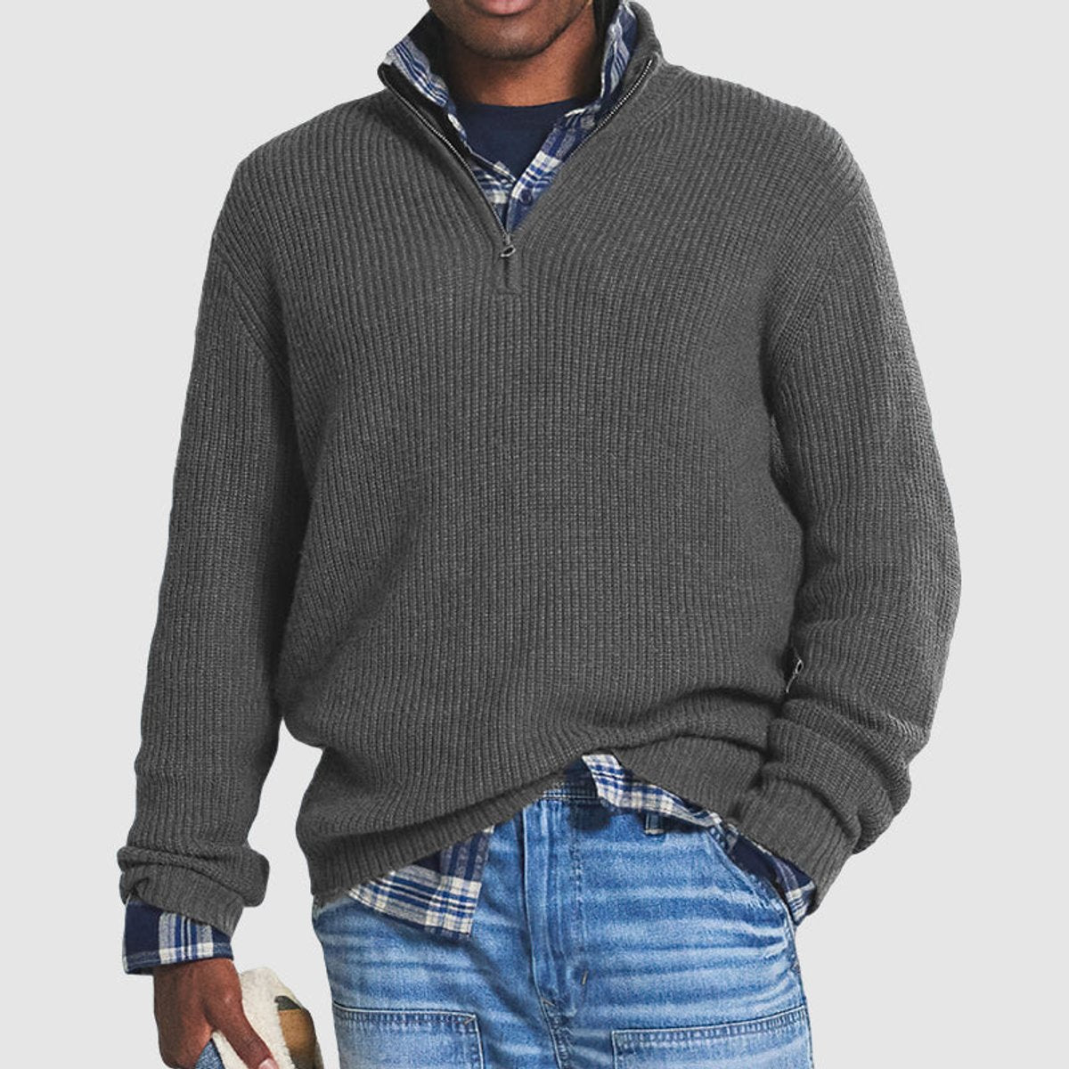Men's Ribbed Knit Sweater Quarter-Zip Pullover - Gray