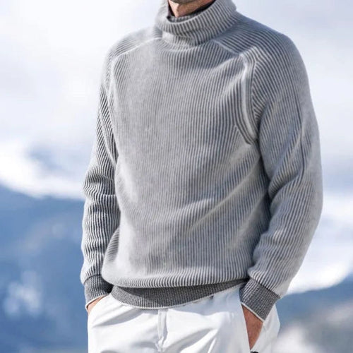 Men's Ribbed Knit Turtleneck Sweater Long-Sleeve Pullover - Gray