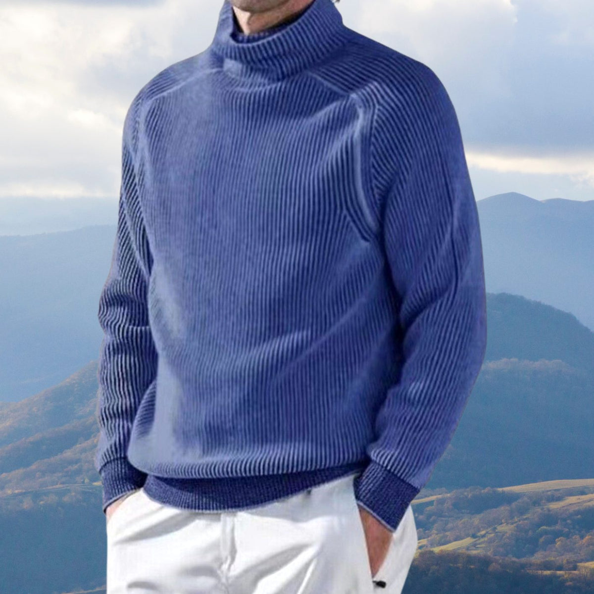 Men's Ribbed Knit Turtleneck Sweater Long-Sleeve Pullover - Blue