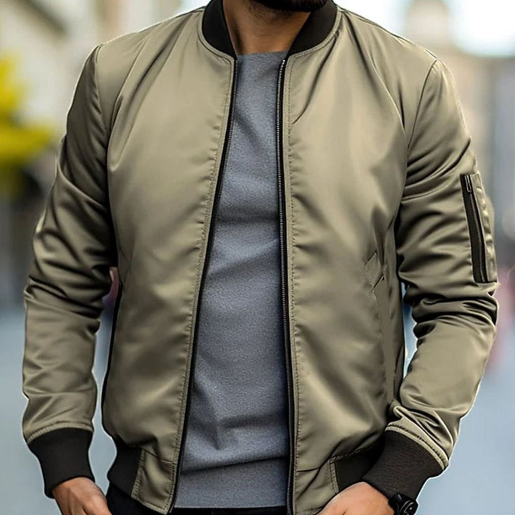 Men's Ribbed-Trim Zip-Up Casual Bomber Jacket - Khaki