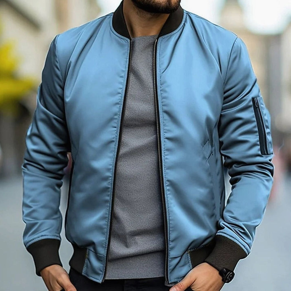 Men's Ribbed-Trim Zip-Up Casual Bomber Jacket - Blue