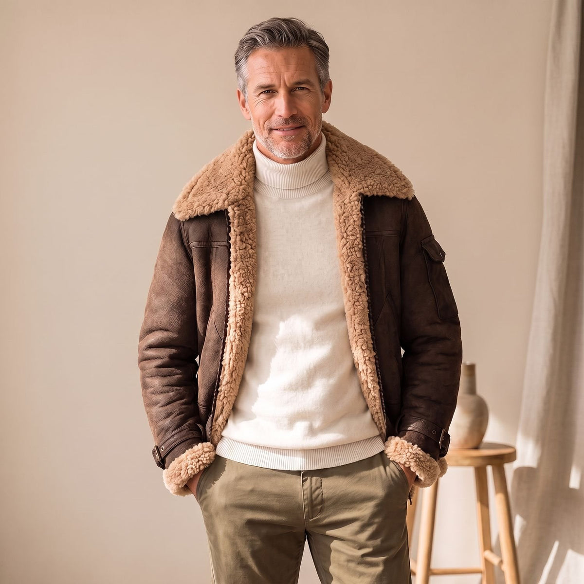 Men's Shearling-Lined Suede Aviator Bomber Winter Jacket