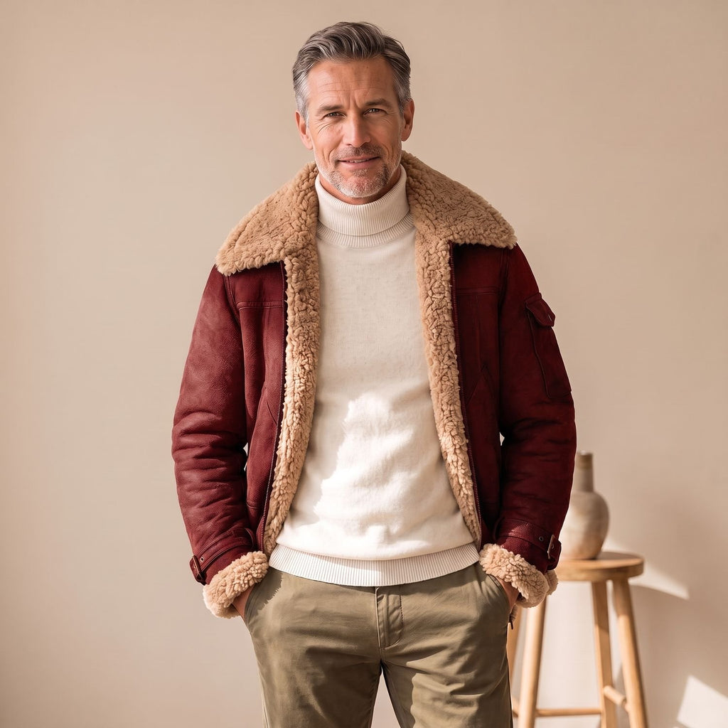 Men's Shearling-Lined Suede Aviator Bomber Winter Jacket - Red