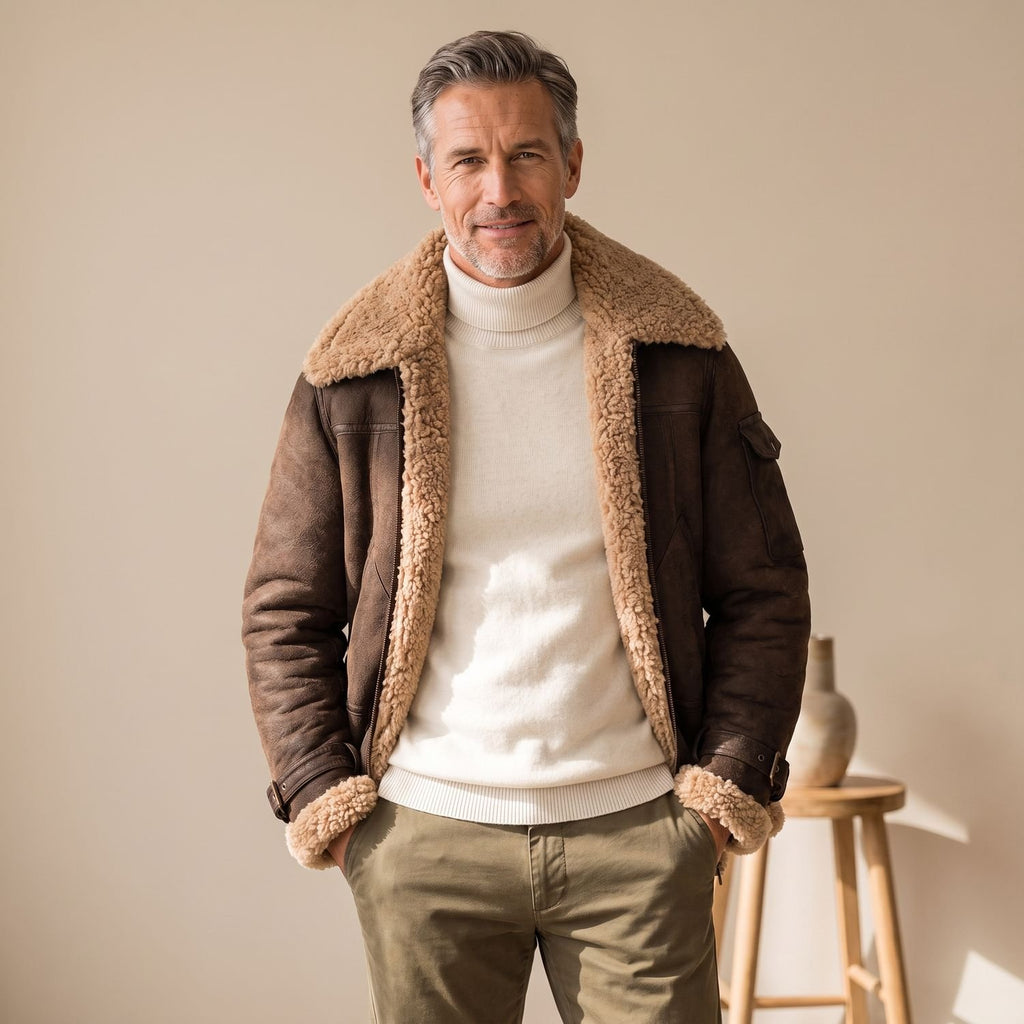 Men's Shearling-Lined Suede Aviator Bomber Winter Jacket - Dark Brown