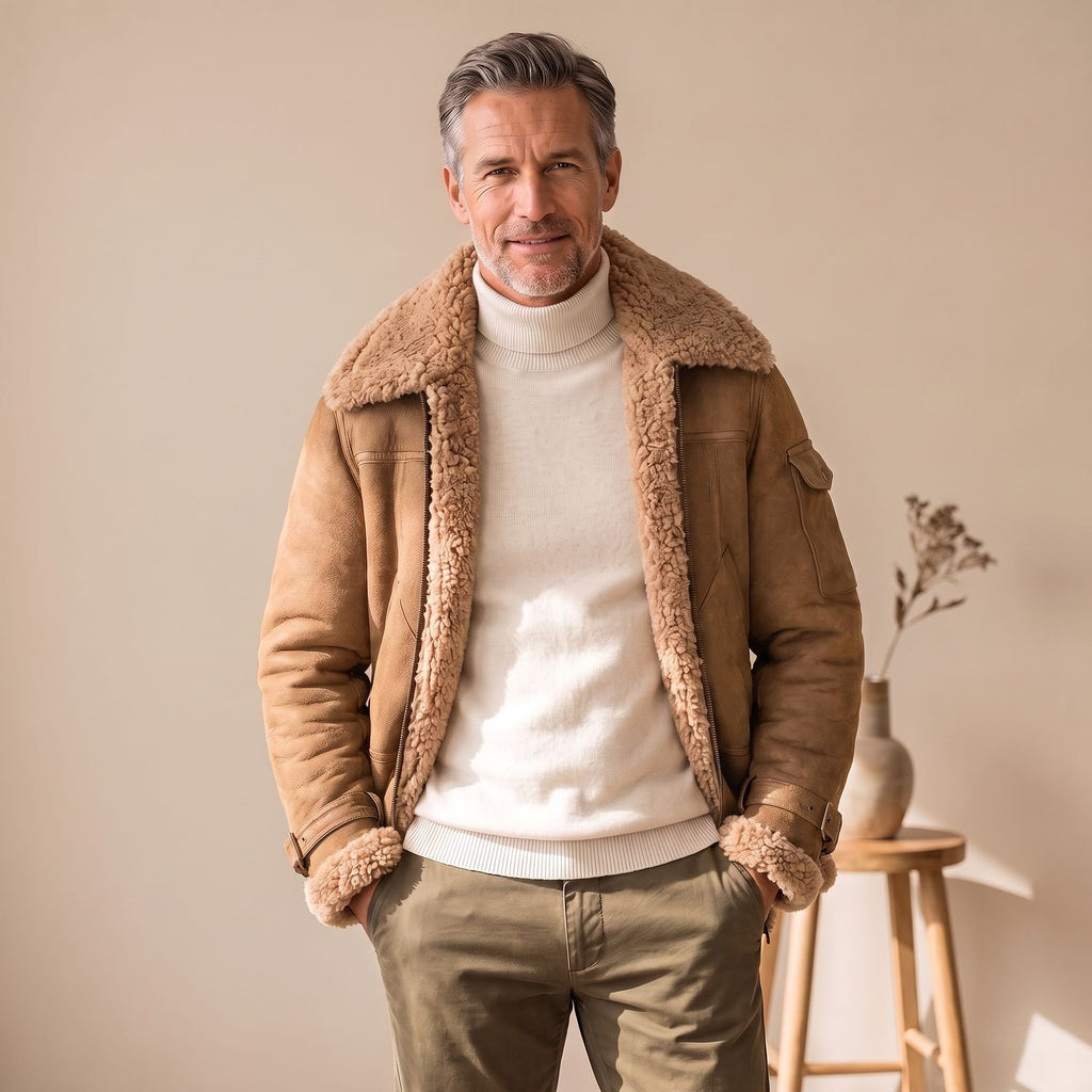 Men's Shearling-Lined Suede Aviator Bomber Winter Jacket - Brown