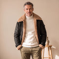 Men's Shearling-Lined Suede Aviator Bomber Winter Jacket - Black
