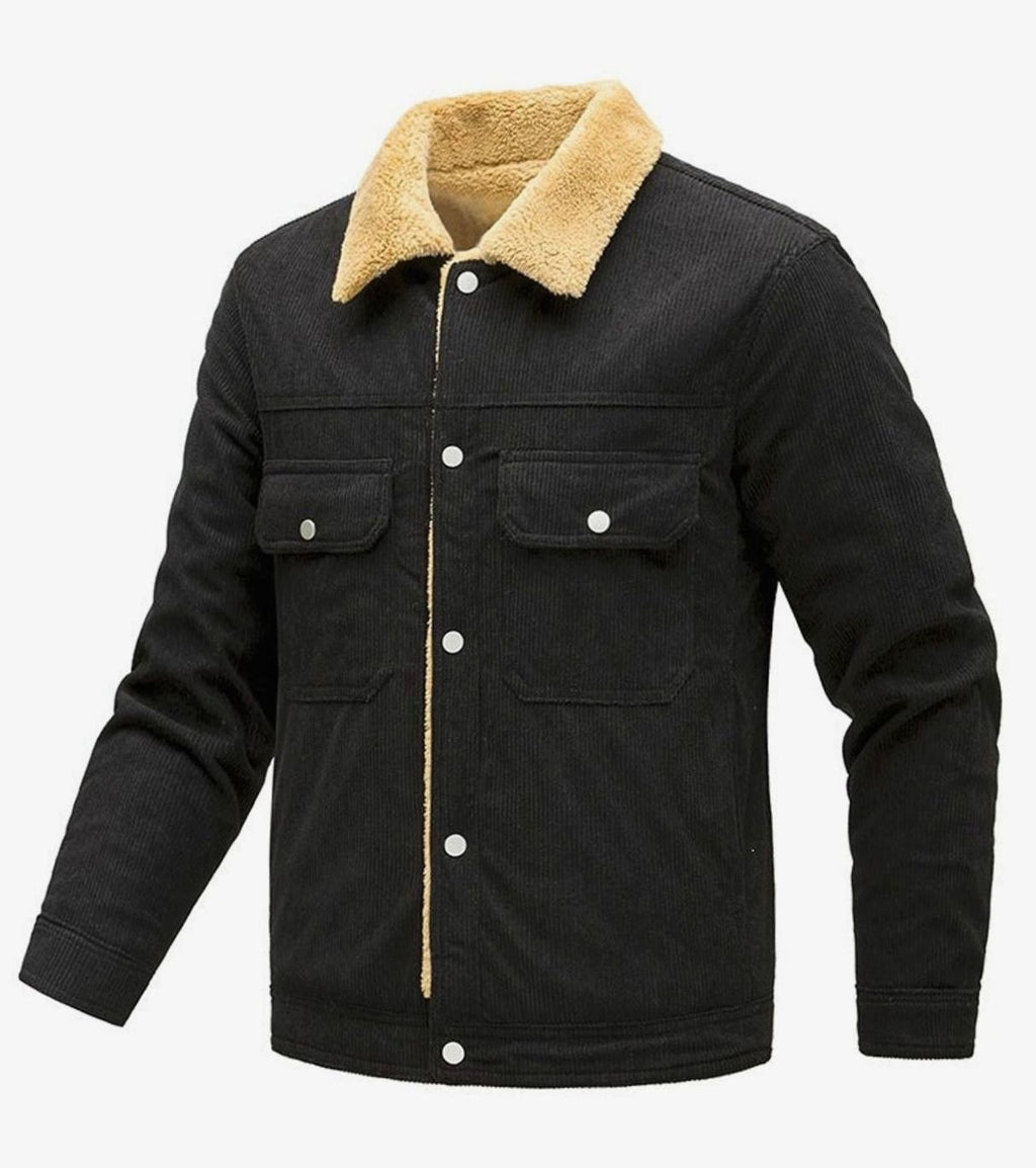 Men's Sherpa-Lined Corduroy Button-Front Jacket - Black
