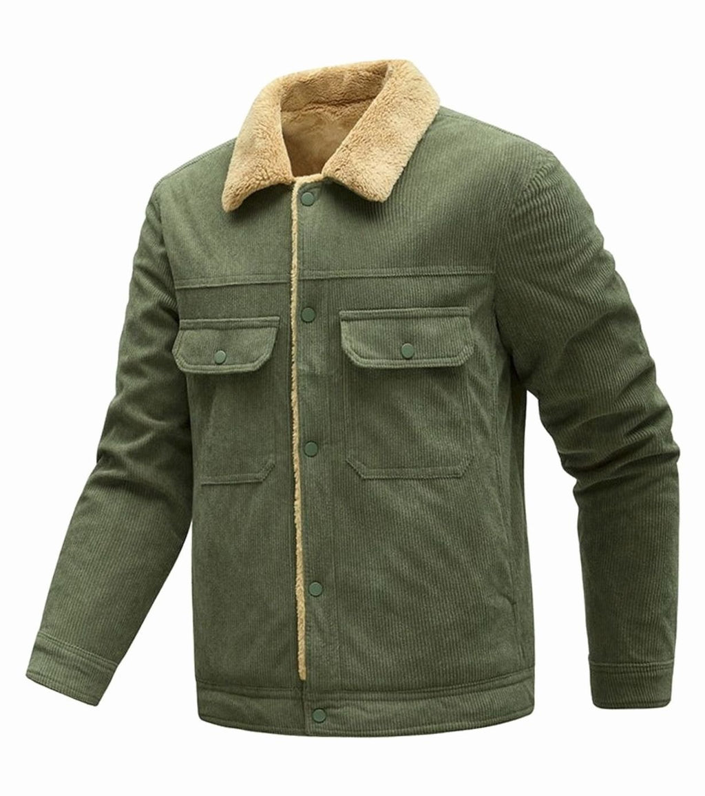 Men's Sherpa-Lined Corduroy Button-Front Jacket - Olive Green (Military Green)