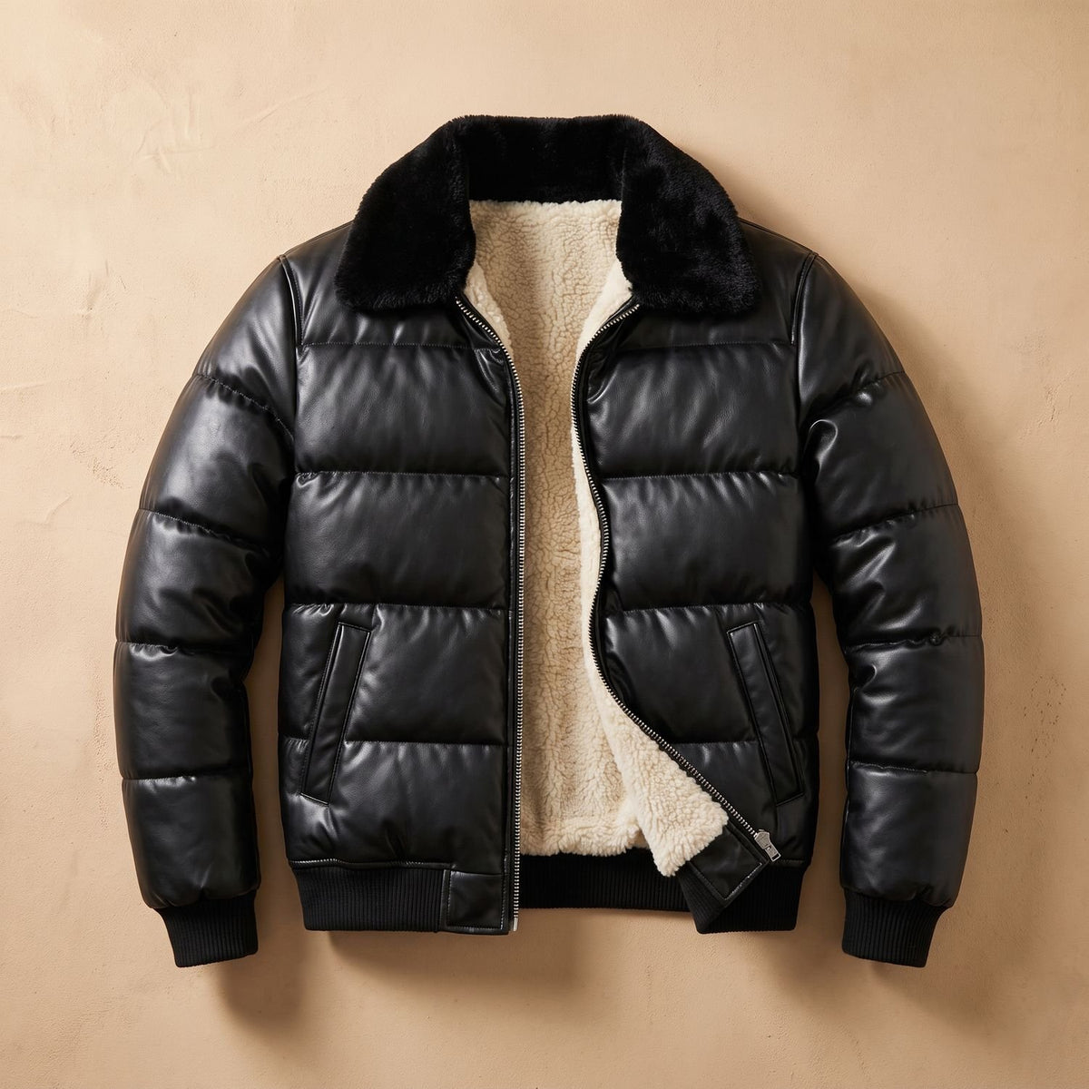 Men's Sherpa-Lined Faux Leather Puffer Jacket
