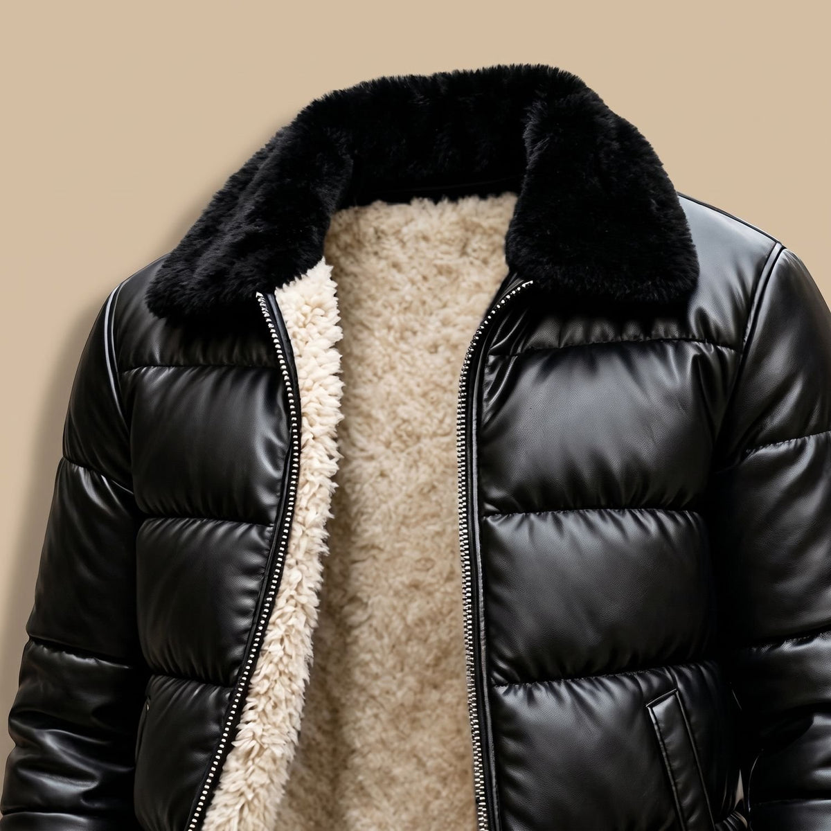 Men's Sherpa-Lined Faux Leather Puffer Jacket