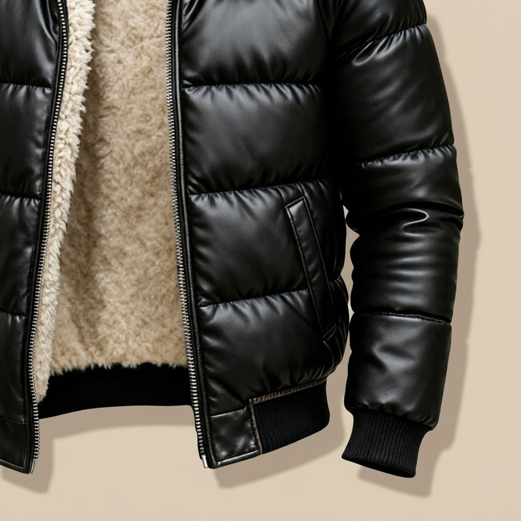 Men's Sherpa-Lined Faux Leather Puffer Jacket